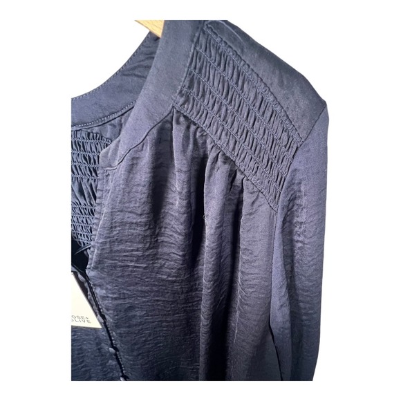 Rose & Olive Blouse Top Womens Sz 1XL 3/4 Sleeve Button Down Smocked Navy Career - Picture 6 of 10